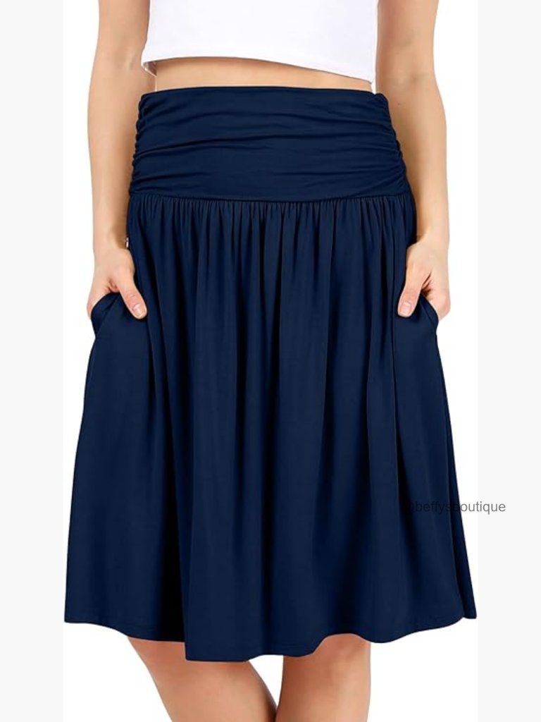 Women's Midi Skirt With Pockets - Ruched Waistband, Pull On, Below Knee